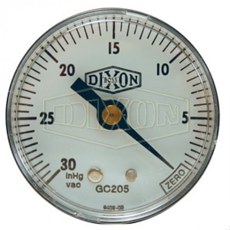 Dixon Vacuum Gauge, 0 to 30 in Hg, 1/4 in NPT Center Back Mount, 0.5 in Hg/psi Graduations, +/-3-2-3% GC205